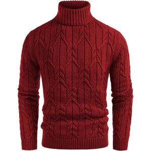 Men's Dark Red Mock Turtleneck Long Sleeve Cable Knit Sweaters Slim Pullover